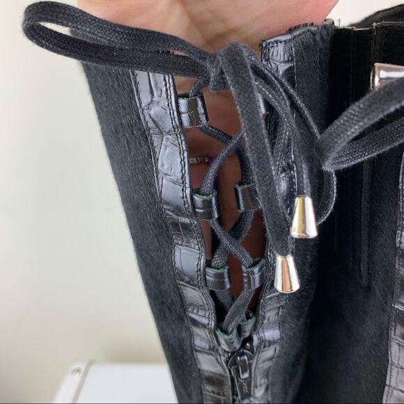 Migliorini Black Calf-Hair Tall Wedge Boots Back-Lace Detail‎ - Picture 7 of 16